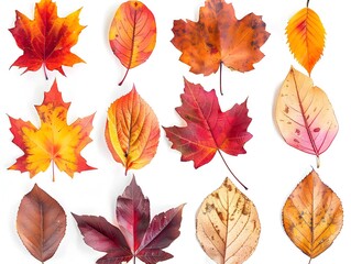 Vibrant Autumn Leaves in Warm Watercolor Hues Artfully Arranged on White Background