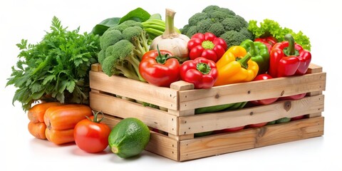 Fresh Vegetables in a Wooden Crate, White Background, Peppers, Broccoli,  , Vegetables,  Healthy