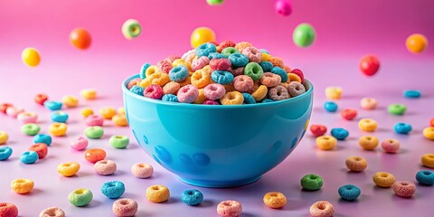 Froot Loops Cereal Bowl on Pink Background, colorful, breakfast, cereal, fruity