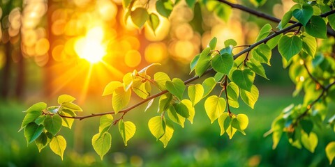 Obraz premium Golden Hour Sunlight Filtering Through Leaves, Branch, Nature, Sunlight, Green , bokeh, spring