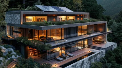 Fototapeta premium Solar panels on the roof of a beautiful modern home. Renewable energy for the home concept