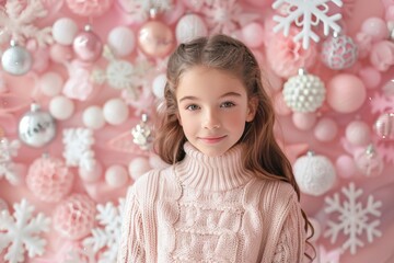 Fototapeta premium Winter Wonderland Portrait: Young Girl Smiles Among Festive Decorations