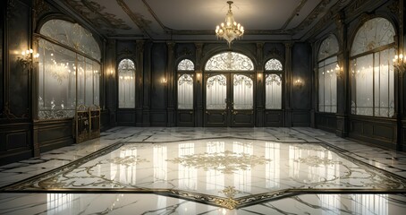 Obraz premium interior entrance door of gothic house palace castle ballroom mansion lobby. white and black art deco art nuevo dark black style with filigree ornamental floral embellishments.. 