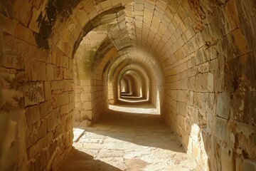 Obraz premium Mamluk era arched stones tunnel leading to Al-Muayyad Bimaristan (ancient hospital), Darb El Labbana district, Cairo, Egypt. Beautiful simple AI generated image in 4K, unique.