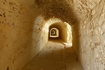Mamluk era arched stones tunnel leading to Al-Muayyad Bimaristan (ancient hospital), Darb El Labbana district, Cairo, Egypt. Beautiful simple AI generated image in 4K, unique.