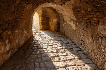 Obraz premium Mamluk era arched stones tunnel leading to Al-Muayyad Bimaristan (ancient hospital), Darb El Labbana district, Cairo, Egypt. Beautiful simple AI generated image in 4K, unique.