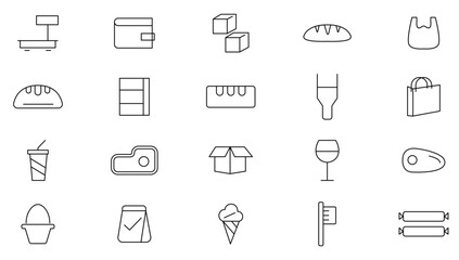 Grocery line Icon set. Supermarket, Bakery, Milk, Vegetable, Fruit,  Dairy, Cheese, Rice, Coffee, Seafood, Fish, Chicken and Cart outline icon collection. UI thin outline icons.