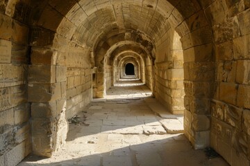 Obraz premium Mamluk era arched stones tunnel leading to Al-Muayyad Bimaristan (ancient hospital), Darb El Labbana district, Cairo, Egypt. Beautiful simple AI generated image in 4K, unique.
