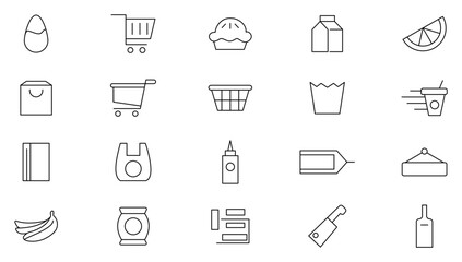 Grocery line Icon set. Supermarket, Bakery, Milk, Vegetable, Fruit,  Dairy, Cheese, Rice, Coffee, Seafood, Fish, Chicken and Cart outline icon collection. UI thin outline icons.