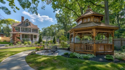 Obraz premium Suburban Victorian home with a custom-built gazebo in the backyard, matching the home's architectural style and providing a scenic retreat