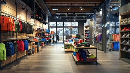 Modern and spacious retail store interior with a variety of outdoor gear and clothing
