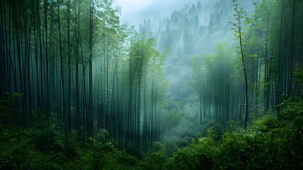 Naklejka premium A photo of the lush bamboo forests in Sichuan, with majestic pandas as the background, during a misty morning