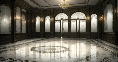 Obraz premium interior entrance door of gothic house palace castle ballroom mansion lobby. white and black art deco art nuevo dark black style with filigree ornamental floral embellishments.. 