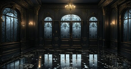 ballroom entrance door lobby interior of palace mansion castle house cathedral. dark black gothic art deco art nuevo ornamental floral embellishments.