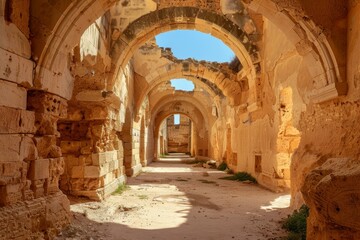 Obraz premium Mamluk era arched stones tunnel leading to Al-Muayyad Bimaristan (ancient hospital), Darb El Labbana district, Cairo, Egypt. Beautiful simple AI generated image in 4K, unique.