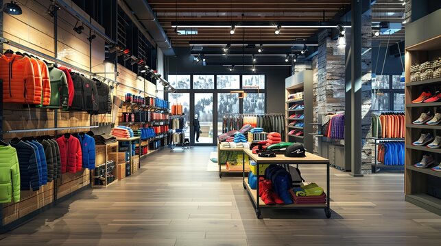 Modern and spacious retail store interior with a variety of outdoor gear and clothing