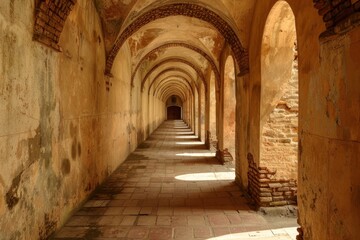 Fototapeta premium Mamluk era arched stones tunnel leading to Al-Muayyad Bimaristan (ancient hospital), Darb El Labbana district, Cairo, Egypt. Beautiful simple AI generated image in 4K, unique.