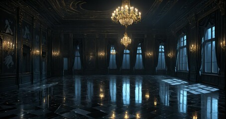 Obraz premium black ballroom room interior of mansion castle palace at night. dark gothic art deco cathedral monastery living room with city view from windows.