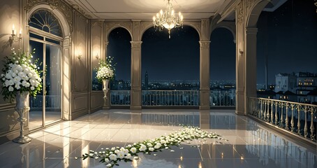 white patio terrace of palace mansion interior at night. art deco gothic style with floral embellishments, flowers, and flower petals. luxury resort balcony with city view.