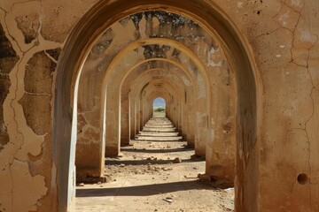 Obraz premium Mamluk era arched stones tunnel leading to Al-Muayyad Bimaristan (ancient hospital), Darb El Labbana district, Cairo, Egypt. Beautiful simple AI generated image in 4K, unique.