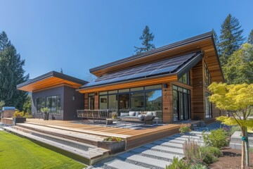 Solar panels on the roof of a beautiful modern home. Renewable energy for the home concept