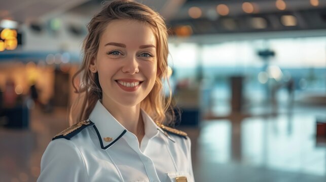 Beautiful and attractive Caucasian flight attendant staff smiling and walking with confidence face and happiness in airport terminal to the airplane. Cabin crew or hostress occupation concept.
