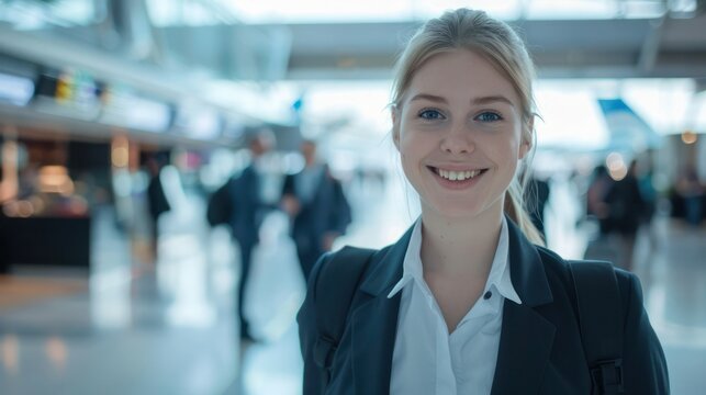 Beautiful and attractive Caucasian flight attendant staff smiling and walking with confidence face and happiness in airport terminal to the airplane. Cabin crew or hostress occupation concept. 