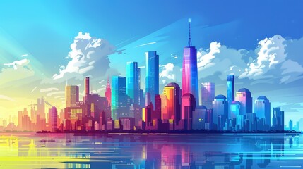 Sunny day illuminating colorful city skyline