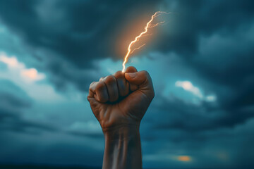 A powerful image of a clenched fist raised towards the sky with a lightning bolt striking from above against dramatic stormy background. Symbolizes strength, power, defiance against nature's forces