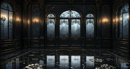 ballroom entrance door lobby interior of palace mansion castle house cathedral. dark black gothic art deco art nuevo ornamental floral embellishments.