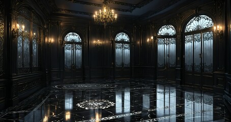 Obraz premium ballroom entrance door lobby interior of palace mansion castle house cathedral. dark black gothic art deco art nuevo ornamental floral embellishments.
