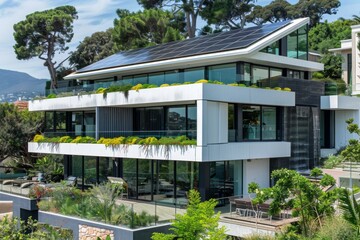 Solar panels on the roof of a beautiful modern home. Renewable energy for the home concept