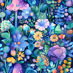 Colorful fantasy flowers and mushrooms growing in enchanted forest pattern