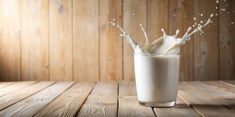 Milk Splash in Glass on Wooden Table, Milk , Splash , Dairy , Drink