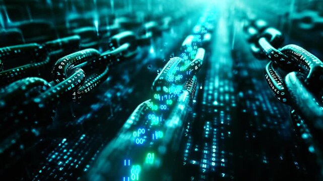6 seconds of moving inside a tunnel of green enormous matrix blockchains with binary code flying along the chain links hd video 1920 1080 animation motion graphics,  financial computer technology 