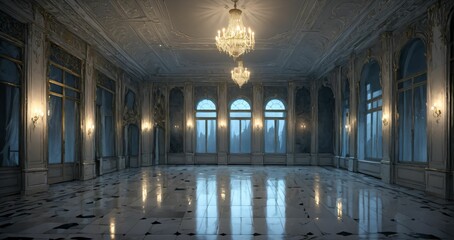 Obraz premium white ballroom corridor of mansion building palace cathedral gothic house at night. art deco art nuevo style with chandelier, windows, curtains, and candles.