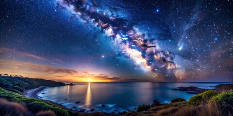 Milky Way Over Coastal Sunset, Landscape Photography, Night Sky, Milky Way Galaxy , Stars , Coastline , Sunset