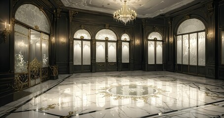 Obraz premium interior entrance door of gothic house palace castle ballroom mansion lobby. white and black art deco art nuevo dark black style with filigree ornamental floral embellishments.. 