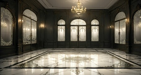 interior entrance door of gothic house palace castle ballroom mansion lobby. white and black art deco art nuevo dark black style with filigree ornamental floral embellishments.. 