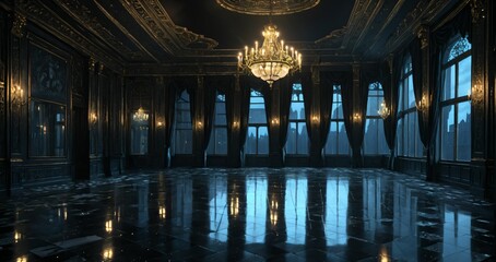 black ballroom room interior of mansion castle palace at night. dark gothic art deco cathedral monastery living room with city view from windows.