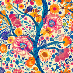 Colorful floral pattern blooming on abstract tree design