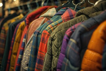 Obraz premium Rack of colorful vintage winter coats and jackets on hangers