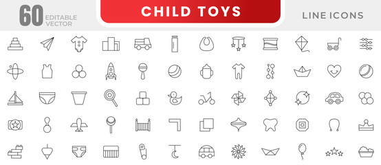 Child Toys line icon set. Baby toys, children toys, feeding care and international children day outline icon collection. UI thin outline icon set.