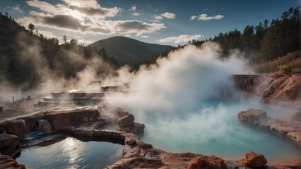Fototapeta premium An image of hot springs with mineral baths and steam clouds hovering above them