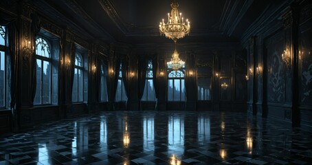 black ballroom room interior of mansion castle palace at night. dark gothic art deco cathedral monastery living room with city view from windows.