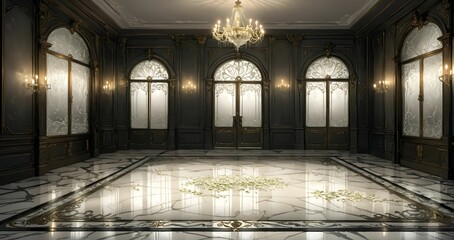 interior entrance door of gothic house palace castle ballroom mansion lobby. white and black art deco art nuevo dark black style with filigree ornamental floral embellishments.. 