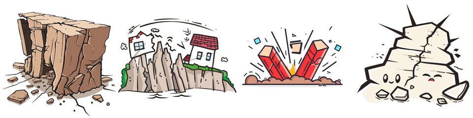 Cartoon illustrations of geological phenomena including landslides, earthquakes, and erosion against a transparent background.