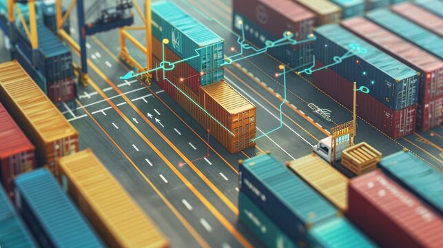 A city scene with a truck driving down a street in front of a large container
