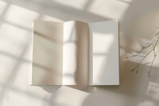 Tri-fold blank white brochure template for mock-up. Blank sheet of paper on an isolated beige background with natural shadow. AI generated