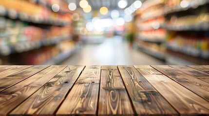 Empty wooden table with beautiful grocery store background. Lifestyle shopping concept